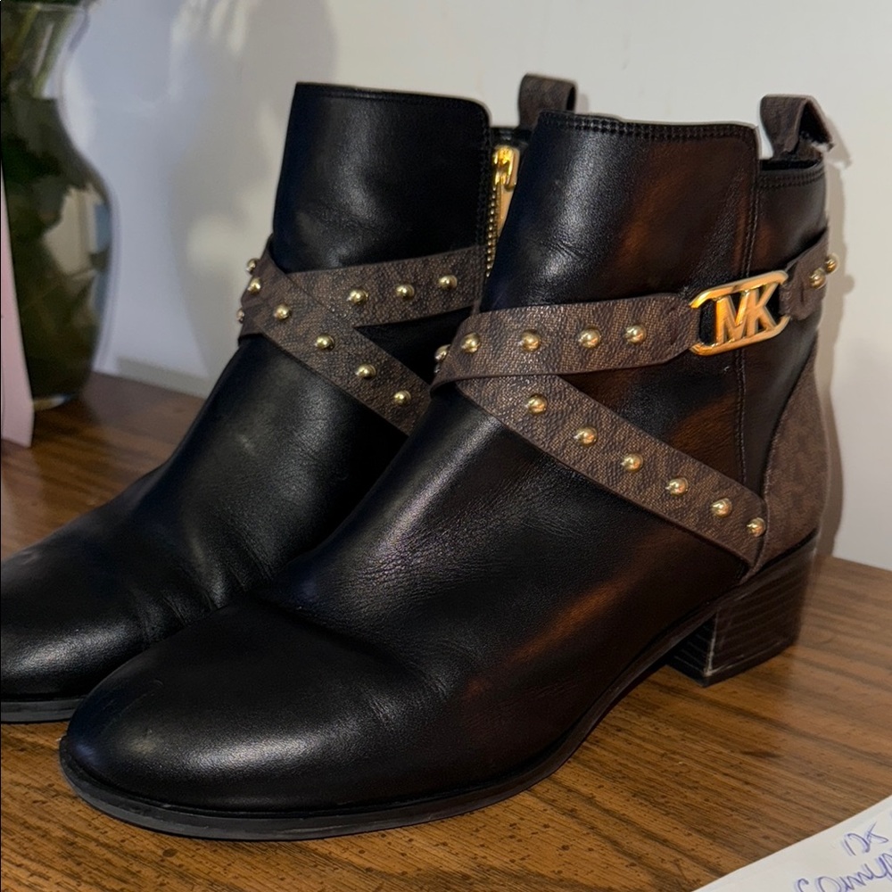 Michael Kors Black and Brown Ankle Booties with Gold Hardware